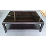 Modern low standing black wood & dark glass coffee table, 80 x 120 cm and stands 44 cm high