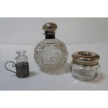 3 small cut-glass silver topped items to include a perfume bottle (hinge a/f)