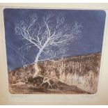 Indistinctly signed, 1973 coloured etching, modernist landscape, glazed (glass cracked) & framed,