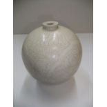 White glazed narrow necked vase with etched decoration, marked to base 21 cm high