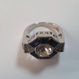 Fine quality, unmarked white metal Art-Deco hexagonal dress ring in box, Size M