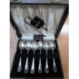 Cased set of 6 silver spoons & sugar tongs, Silver weight 96 grams