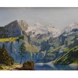 A Phillips 1978 oil on artists board, "View of Alpine lake scene", signed and dated, original frame,