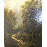 Early 19thC oil on canvas, "Travellers & sheep on country path", bears signature J.F. Gilbert, lower