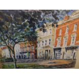 Indistinctly signed, 20thC oil on board, "Street scene, Kensington", framed, The oil measures 25 x