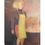 D J Lacroix 1940s French abstract oil on thin card, "Housewife by a table", framed, 58 x 47 cm