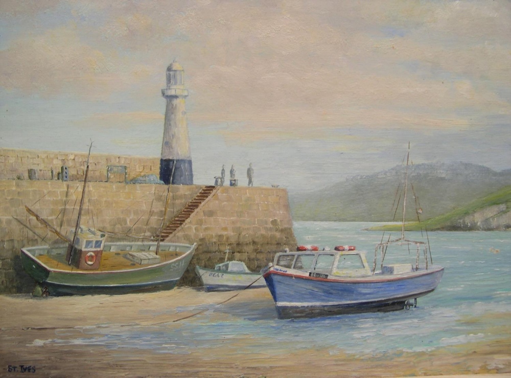 J A Pusey 1980s oil on board, "Harbour, St Ives, Cornwall" modern oak frame, 29 x 40 cm - Image 3 of 5