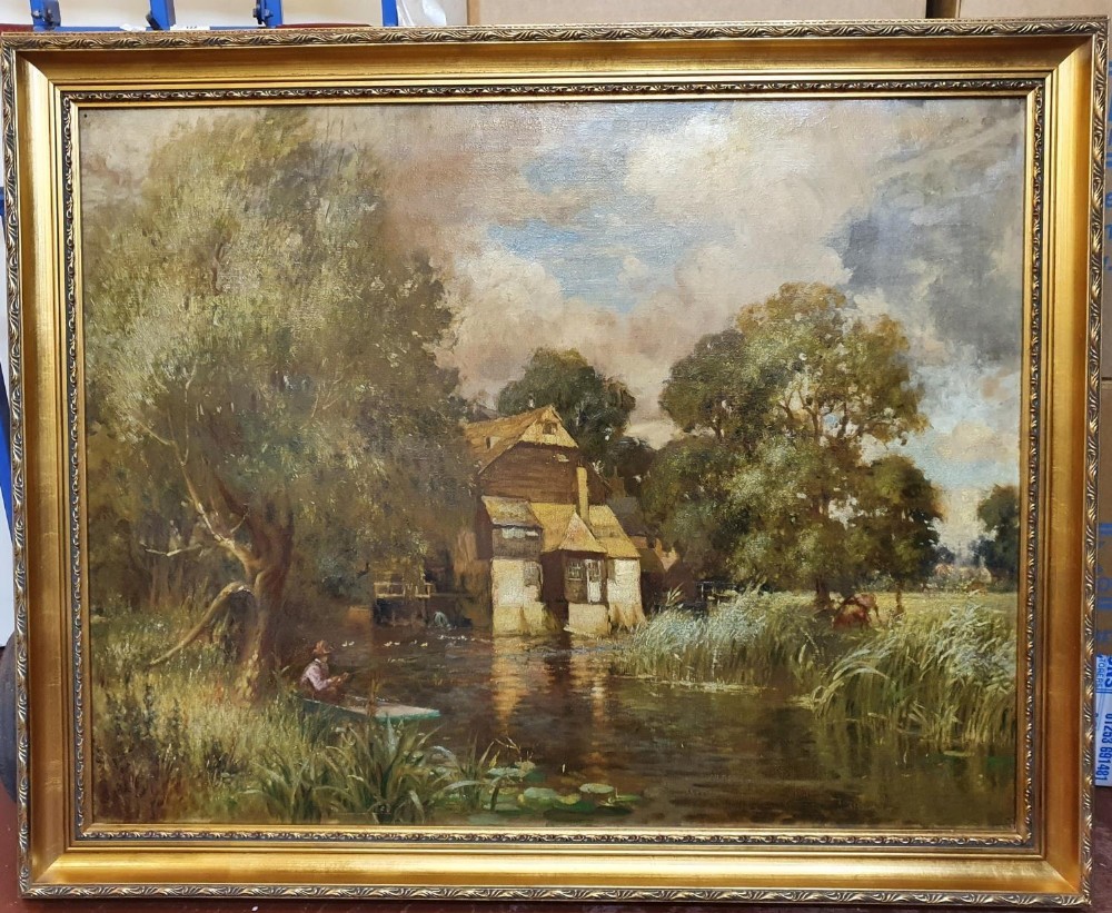 Unsigned, large, early 20thC oil on canvas "Barn from across the pond", circle of Edmond Marie - Image 2 of 5