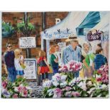 Ann Skelton acrylic on canvas, "Farmers market, Bosworth", signed, unframed, 21 x 26 cm