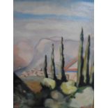 Vintage French 20thC oil on canvas, modernist landscape, signed DAUBERVILLE, in thin gold coloured