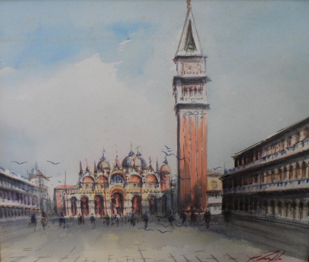 Indistinctly signed watercolour "St Marks square Venice", framed, The w/c measures 26 x 32 cm