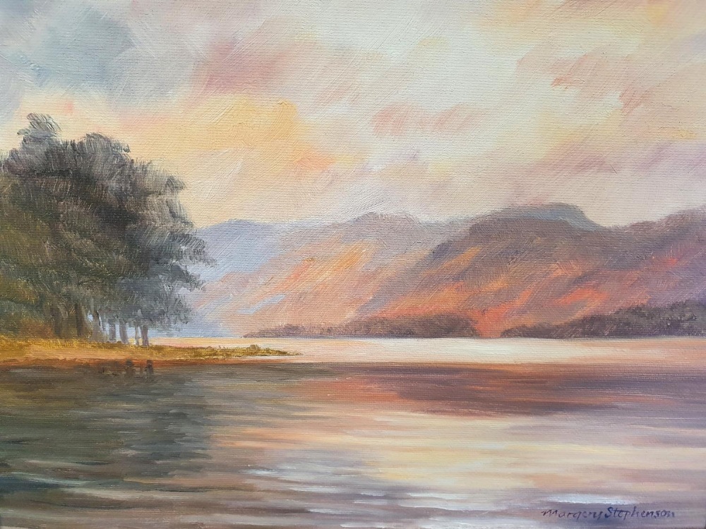 Margery Stephenson oil on board, "Peaceful day, Derwent water", good modern frame, The oil - Image 2 of 5