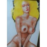 Large, unsigned pastel portrait of a topless blonde, wood frame, The portrait measures 75 x 50 cm