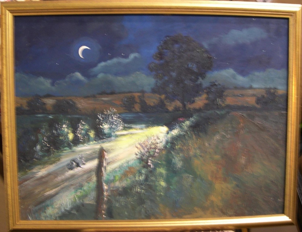 Unsigned British 20thC school oil on board, "Nocturnal country landscape", framed, 45 x 60 cm - Image 2 of 3