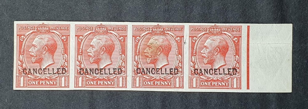 KG V 1913 carmine red, MINT imperf strip of 1d with Cancelled over-print (4)