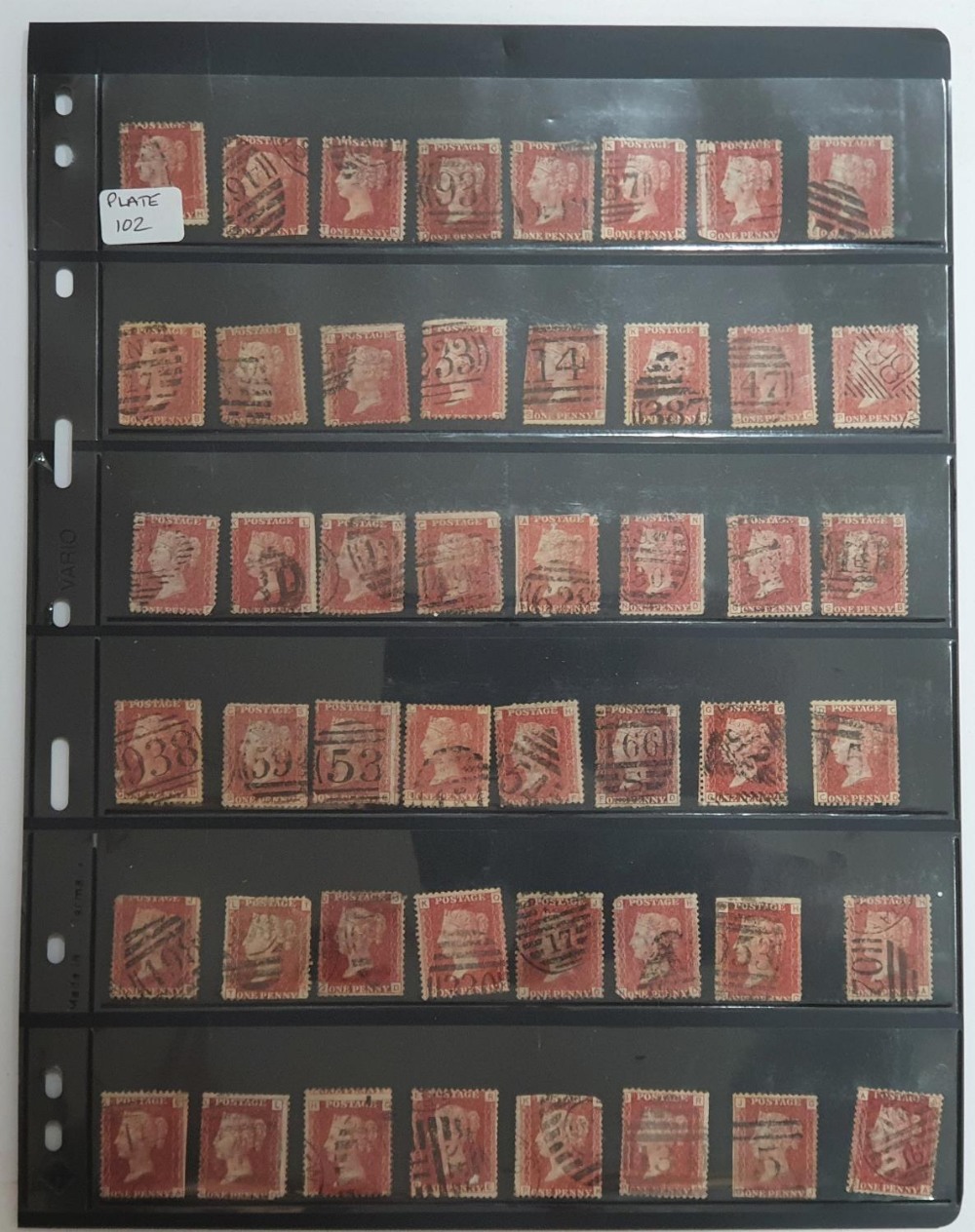 87 1d penny reds, all plate 102 (87)