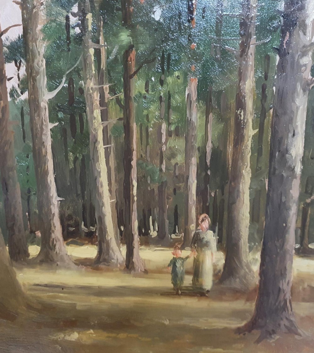 Indistinctly signed 1910 oil on board, "A walk in the woods" in watts type frame (frame a/f), The