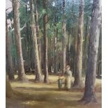 Indistinctly signed 1910 oil on board, "A walk in the woods" in watts type frame (frame a/f), The