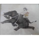 Unsigned 19thC Indian watercolour of a man riding an elephant in lovely old bamboo effect frame, The