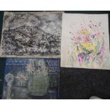 3 large watercolours all by differing artists including the floral example by Daphne Stevenson (