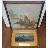 L crozier Edwardian gouache of mountain lake scene in original frame & mount together with a print