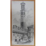 Alfred Bowyer Clayton (1795-1855) 1830s pen & ink "Plaza del Erbe, Verona", unframed, 21 x 10 cm,