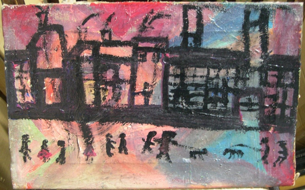 circle of Patrick HAYMAN (1915-1988) modernist oil on canvas, "Figures in industrial landscape",