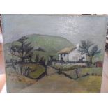 1960s/70s modernist oil "Country farm" signed to stretcher SOLDIER, unframed, The oil measures 41