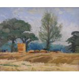 Keith JOHNSON (born 1942) 1984 impressionist oil on board, The summer harvest, signed & inscribed