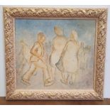 James B Gilbert, 20thC modernist oil on board sketch " Full-length figures", in fine quality frame