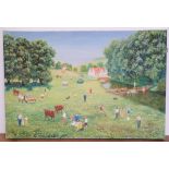 Gerry B Gibbs 1964 impasto oil on canvas, "Picnic with the cows", signed, unframed, The oil measures