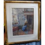 William Reynolds watercolour "Old woman seated in an interior", signed, gilt framed, The w/c