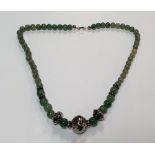 Superb ladies Chinese unmarked white metal and jade bead necklace, 19cm long