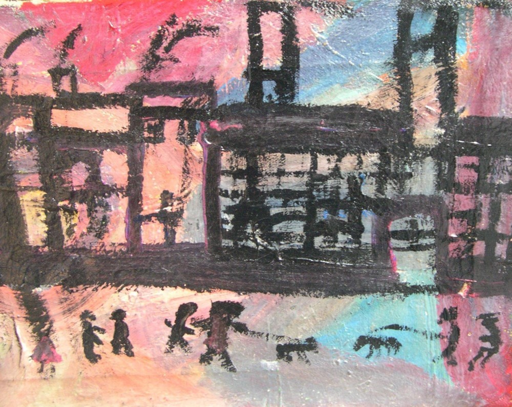 circle of Patrick HAYMAN (1915-1988) modernist oil on canvas, "Figures in industrial landscape", - Image 2 of 5