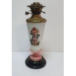 Victorian milk glass oil lamp with the image of an angel 43cm tall