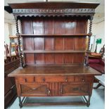 Early/mid 19thC farm-house 2-part dresser with barley twist spindles, possibly French, 215 cm long