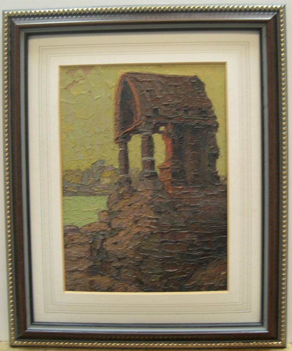 Early 20thC French impressionist, impasto oil on board, "The Monument" framed 19 x 14 cm Small