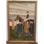 Unsigned "The returning winner!", 20thC oil on board, depicting an Edwardian horse-racing scene,