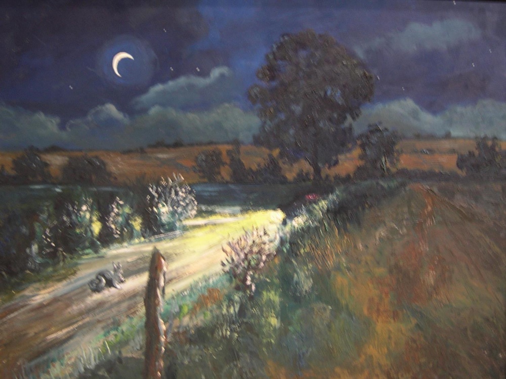 Unsigned British 20thC school oil on board, "Nocturnal country landscape", framed, 45 x 60 cm