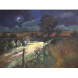 Unsigned British 20thC school oil on board, "Nocturnal country landscape", framed, 45 x 60 cm
