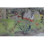 Angela Barrow watercolour, the back garden, signed, in original wide frame, The watercolour measures