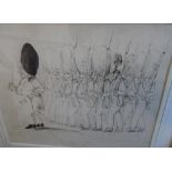 Fine quality Victorian pen & ink cartoon "Soldiers on parade", unsigned, framed & glazed, The