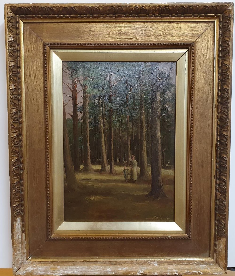 Indistinctly signed 1910 oil on board, "A walk in the woods" in watts type frame (frame a/f), The - Image 2 of 4