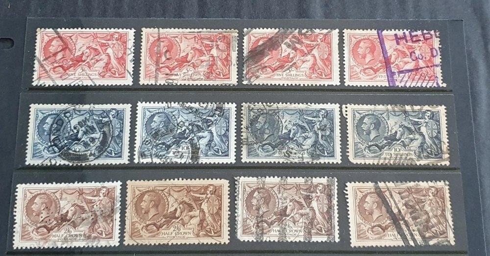 KG V 1934 seahorses, 4 x 2s 6d, 4 x 5s, 4 x 10s, all used (12)