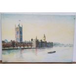 Large Gerry B Gibbs 1967 impasto oil on canvas, "Houses of Parliament from Lambeth bridge",
