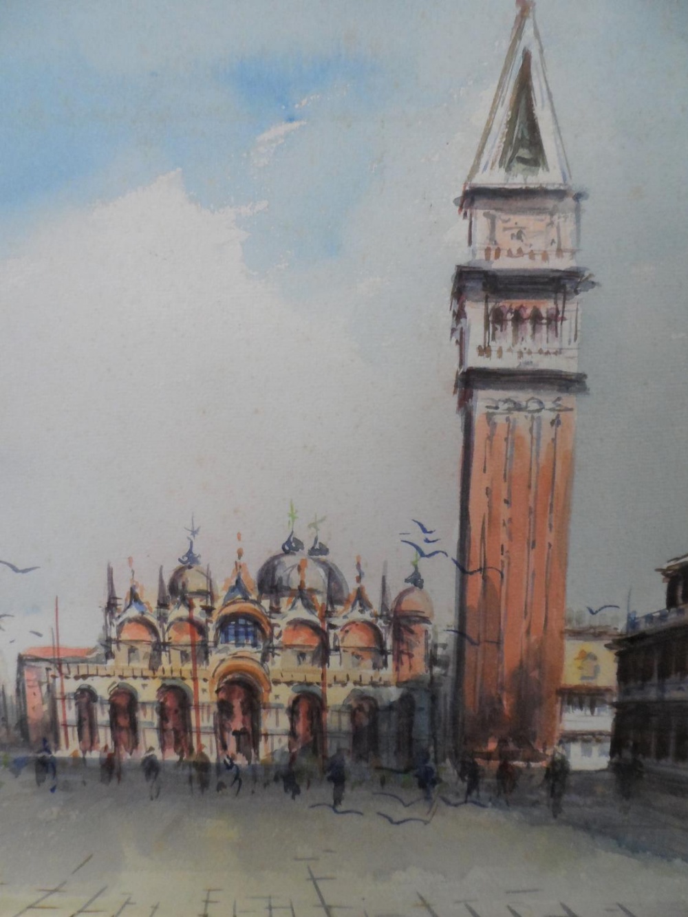 Indistinctly signed watercolour "St Marks square Venice", framed, The w/c measures 26 x 32 cm - Image 3 of 5