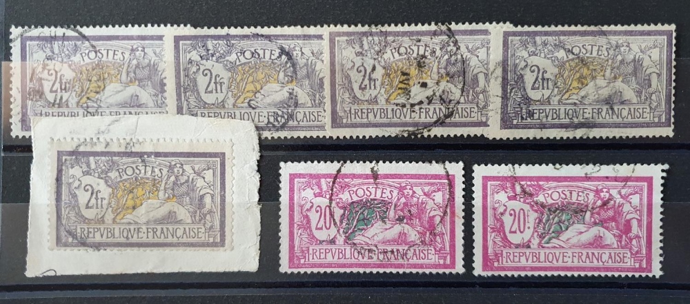 FRANCE, 2 20 Fr "Liberty & Peace" 1925/6 and 5 1900 2Fr (7) all used, 1 2 Fr stuck down