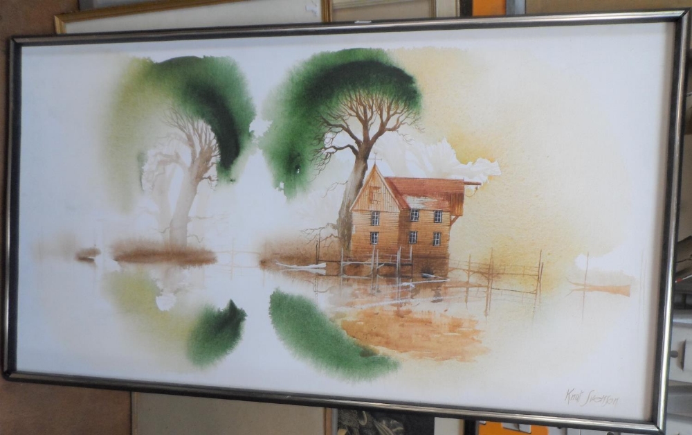 Large, Knut Svenson, Swedish oil on canvas, depicting a lakeside house, framed, The oil measures