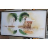 Large, Knut Svenson, Swedish oil on canvas, depicting a lakeside house, framed, The oil measures