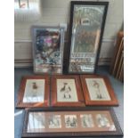 2 branded pub mirrors, 1 for Martell brandy in hardwood frame together with 3 framed jockey prints &